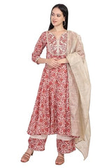 W for Woman Red Floral Print Zari Embroidered Anarkali Kurta with Palazzo and Dupatta Set