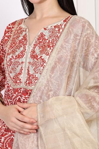 W for Woman Red Floral Print Zari Embroidered Anarkali Kurta with Palazzo and Dupatta Set