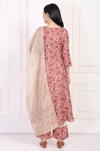 W for Woman Red Floral Print Zari Embroidered Anarkali Kurta with Palazzo and Dupatta Set