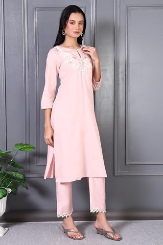 W for Woman Peach Printed Thread Embroidered A-line Kurta Set