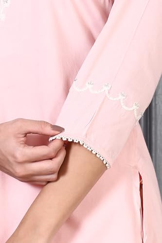 W for Woman Peach Printed Thread Embroidered A-line Kurta Set