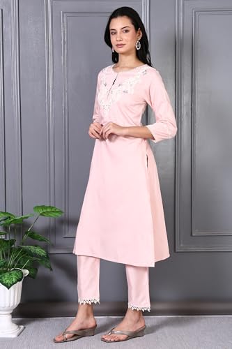 W for Woman Peach Printed Thread Embroidered A-line Kurta Set