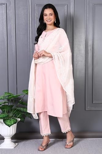 W for Woman Peach Printed Thread Embroidered A-line Kurta Set