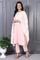 W for Woman Peach Printed Thread Embroidered A-line Kurta Set