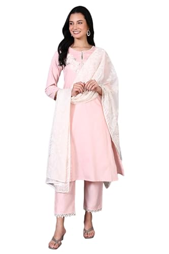 W for Woman Peach Printed Thread Embroidered A-line Kurta Set