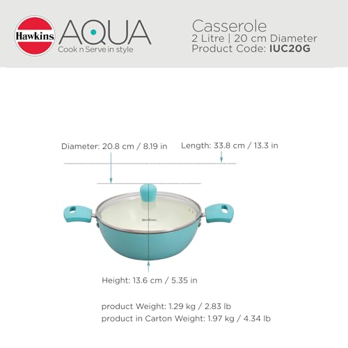 Hawkins 2 Litre Cook n Serve Casserole, Aqua Casserole with Glass Lid, Aqua Blue (IUC20G)