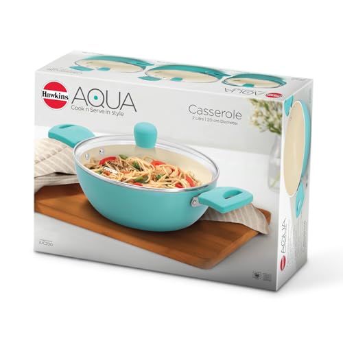 Hawkins 2 Litre Cook n Serve Casserole, Aqua Casserole with Glass Lid, Aqua Blue (IUC20G)
