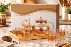 Lyte Club Elegant Glass Teapot Set with 6 Cups & Serving Tray