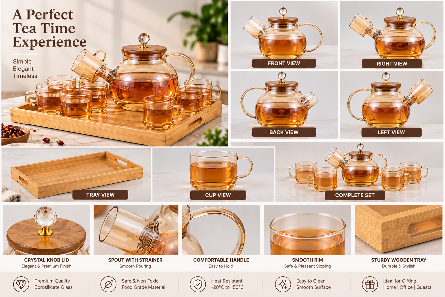 Lyte Club Elegant Glass Teapot Set with 6 Cups & Serving Tray