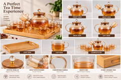 Lyte Club Elegant Glass Teapot Set with 6 Cups & Serving Tray