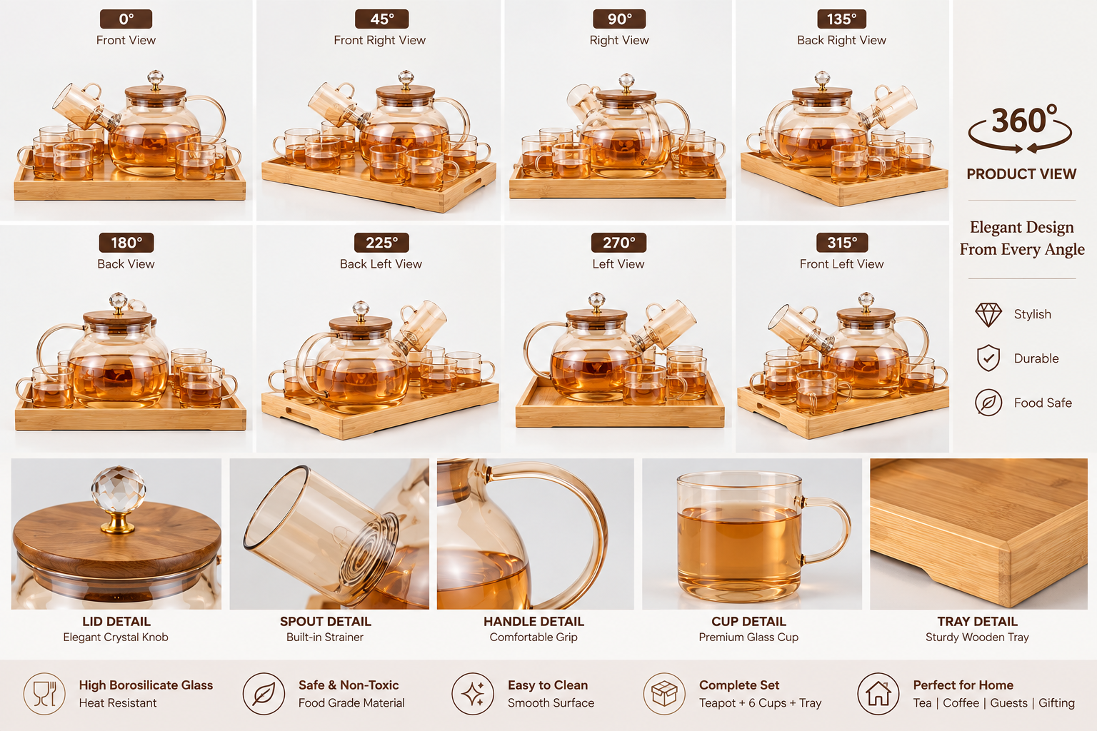 Lyte Club Elegant Glass Teapot Set with 6 Cups & Serving Tray