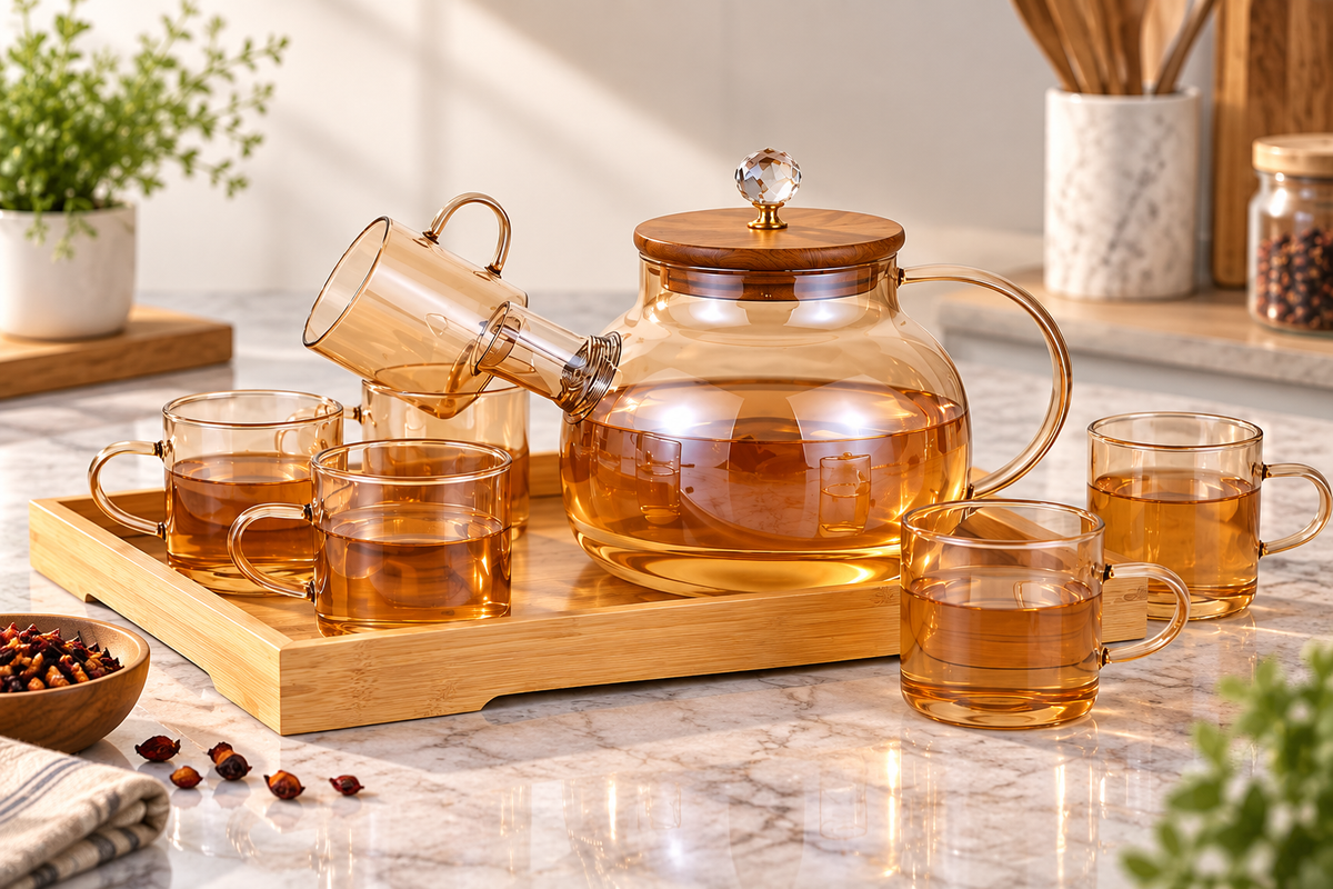 Lyte Club Elegant Glass Teapot Set with 6 Cups & Serving Tray