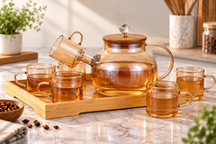 Lyte Club Elegant Glass Teapot Set with 6 Cups & Serving Tray