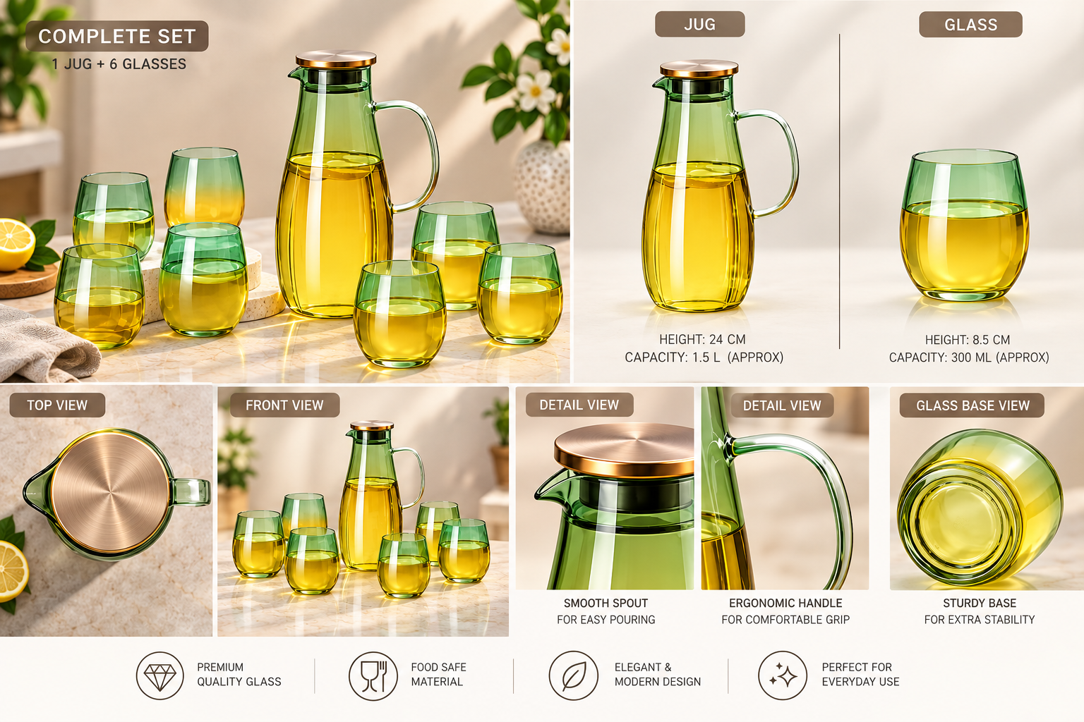 Lyte Club Luxury Glass Water Jug Set | 1 Jug + 6 Glasses
