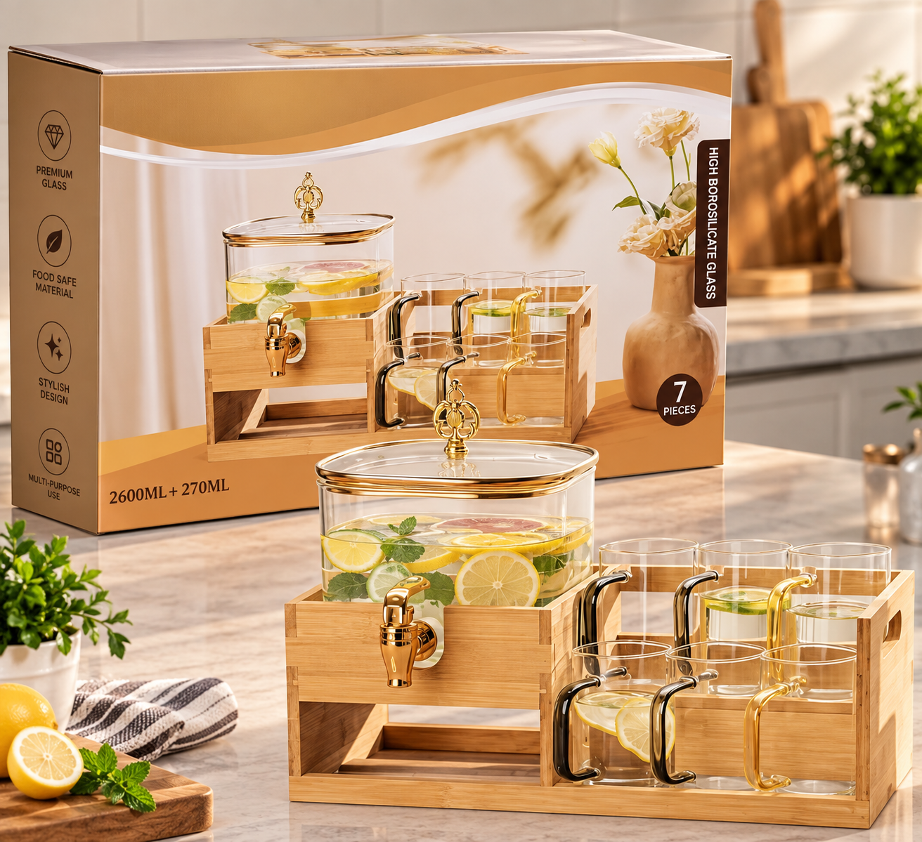 Lyte Club Glass Water Dispenser & 6 Glasses Set – 7 Pc