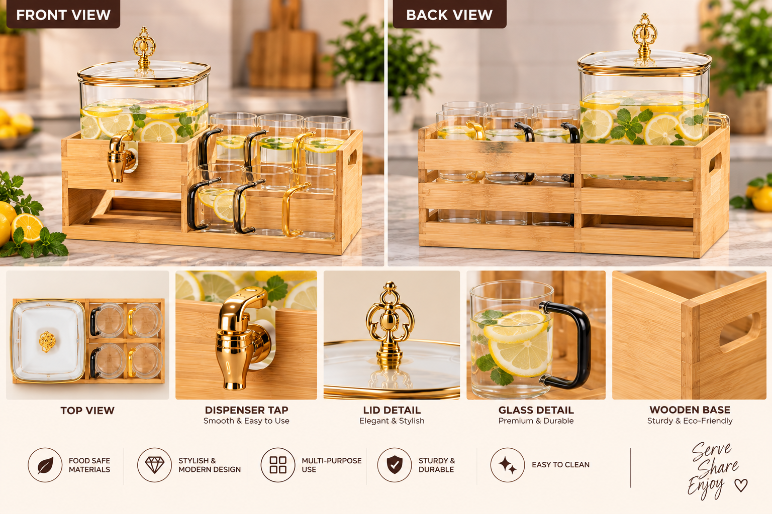 Lyte Club Glass Water Dispenser & 6 Glasses Set – 7 Pc