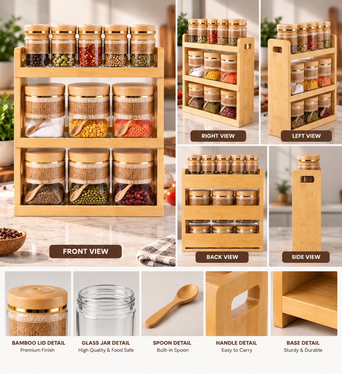 Lyte Club Premium Glass Masala Jar Set with Wooden Stand – 12 Pc