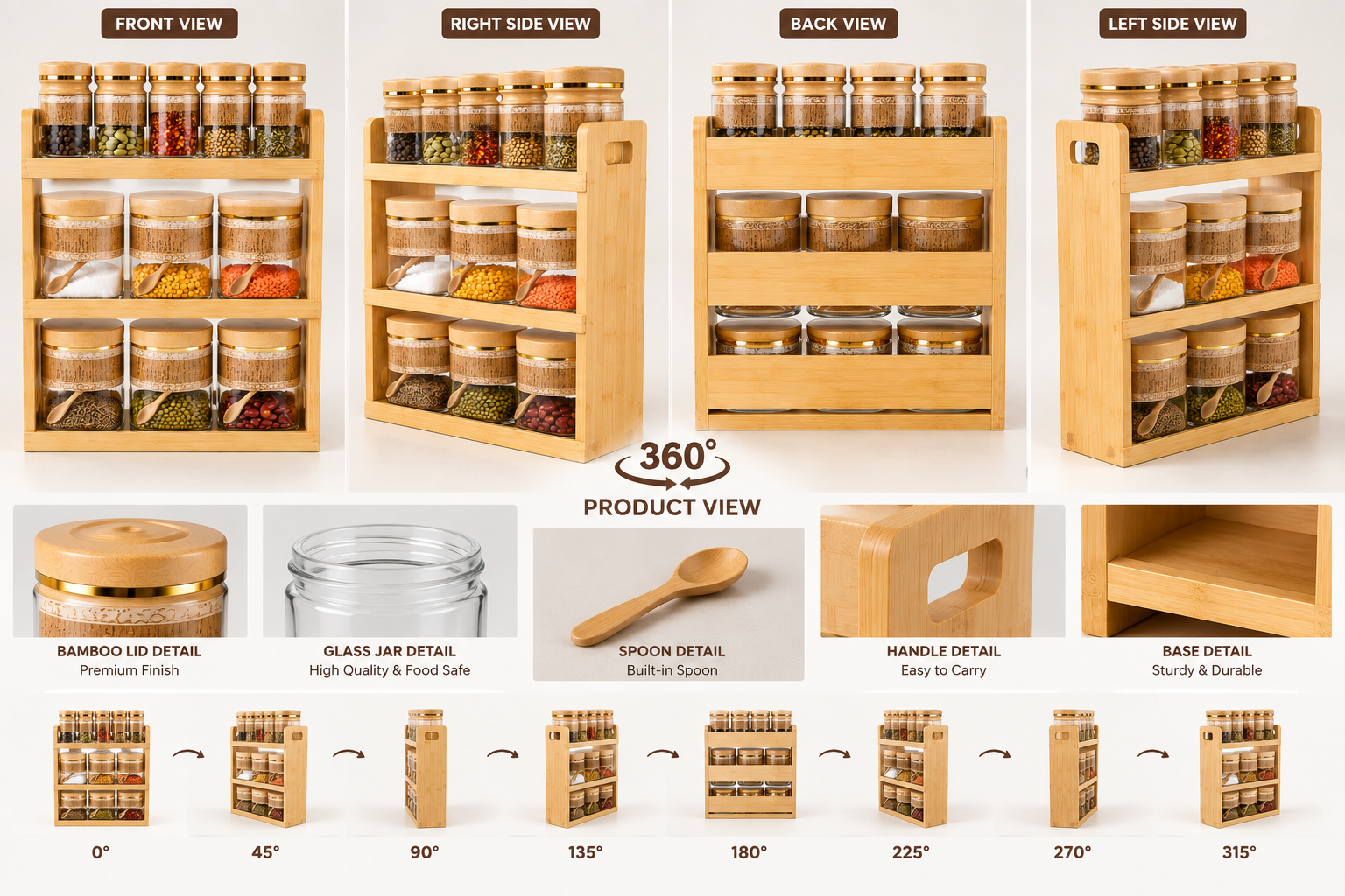 Lyte Club Premium Glass Masala Jar Set with Wooden Stand – 12 Pc