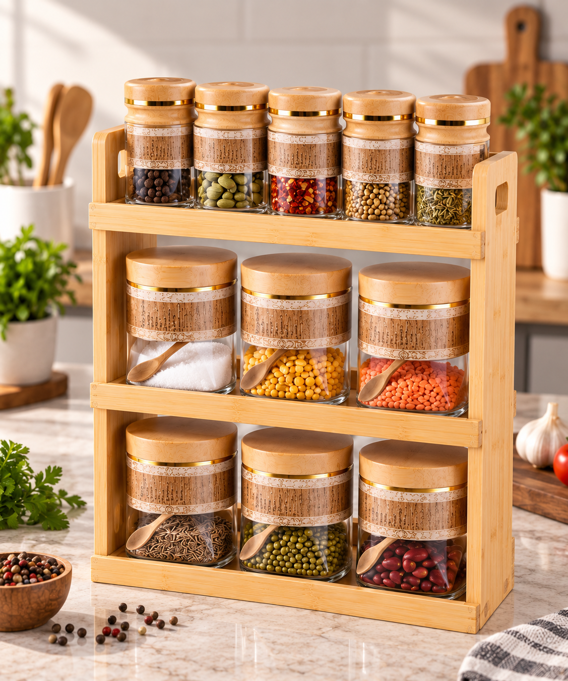 Lyte Club Premium Glass Masala Jar Set with Wooden Stand – 12 Pc