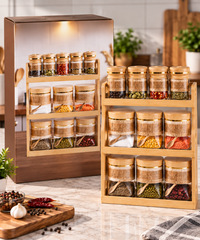 Lyte Club Premium Glass Masala Jar Set with Wooden Stand – 12 Pc