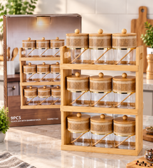 Lyte Club 9-Piece Glass Masala Jar Set with Wooden Rack