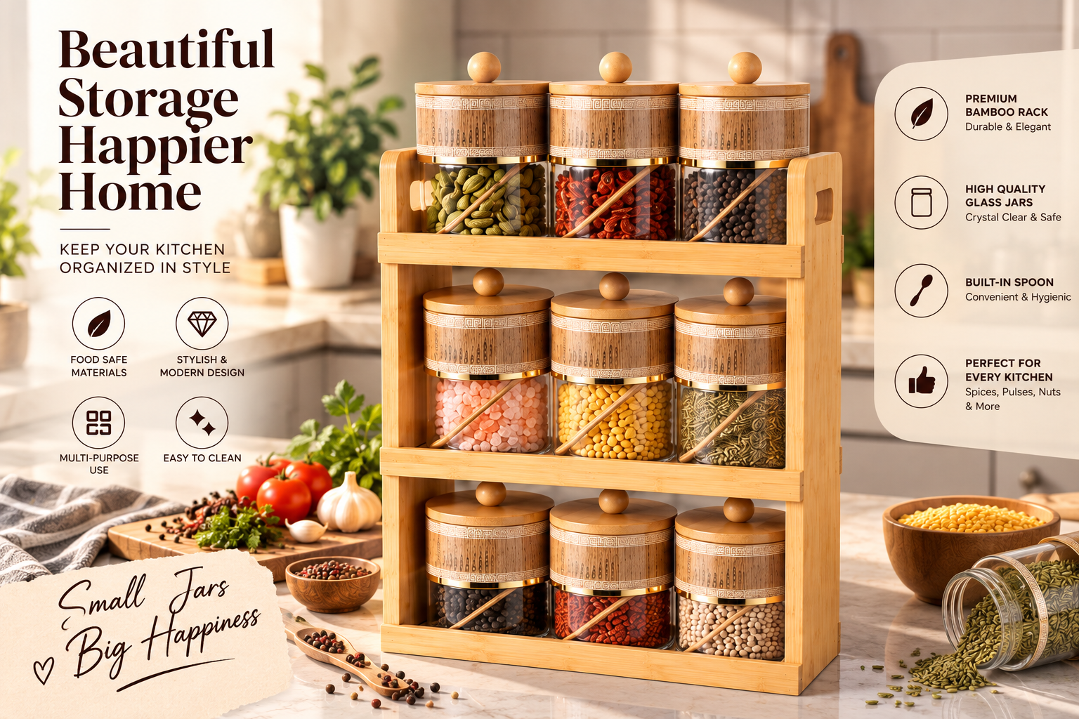 Lyte Club 9-Piece Glass Masala Jar Set with Wooden Rack