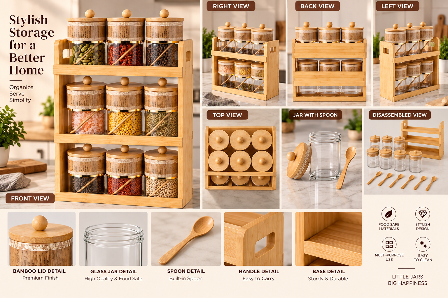 Lyte Club 9-Piece Glass Masala Jar Set with Wooden Rack