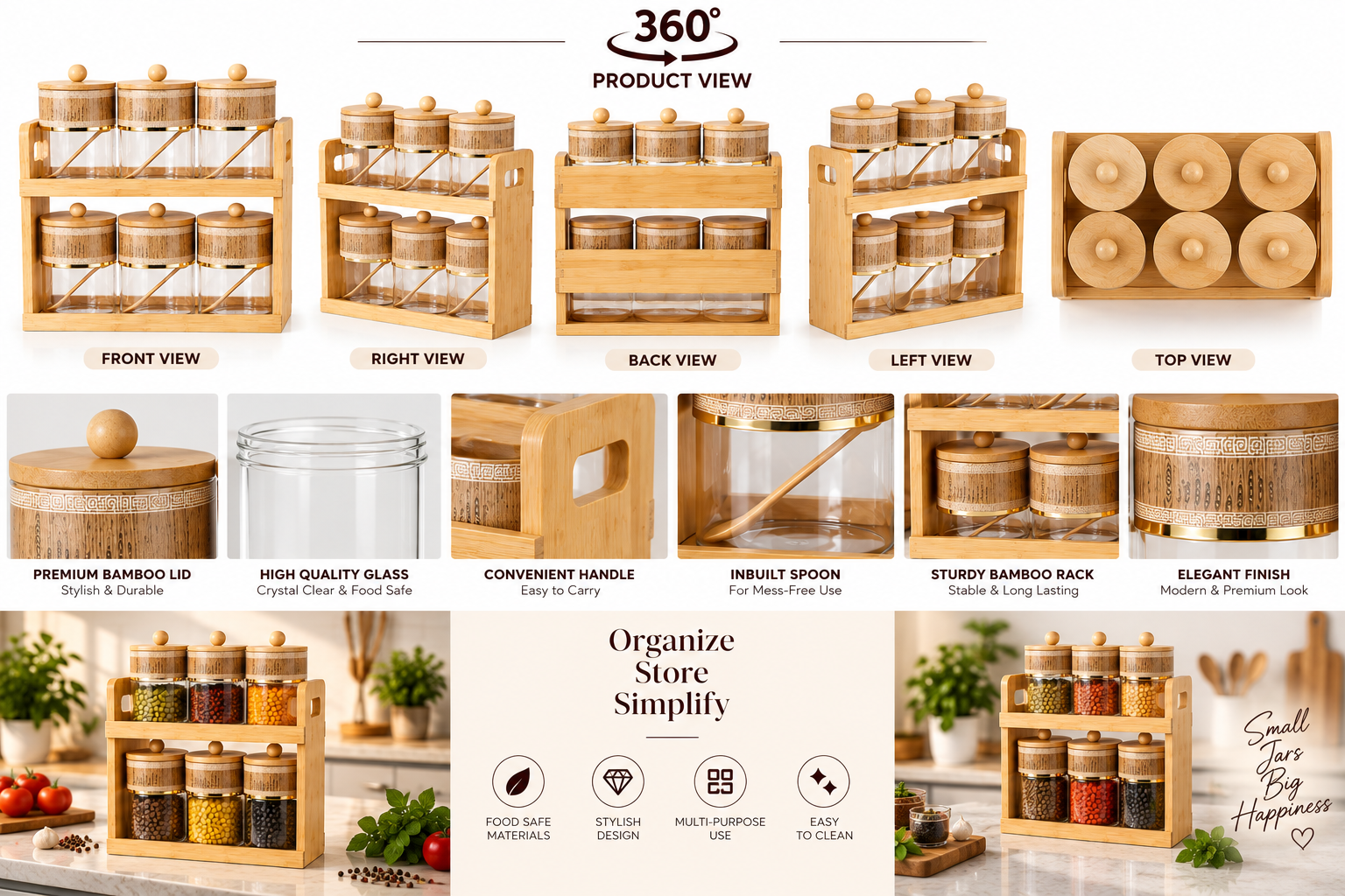 Lyte Club 9-Piece Glass Masala Jar Set with Wooden Rack