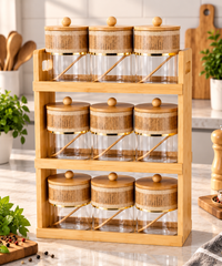 Lyte Club 9-Piece Glass Masala Jar Set with Wooden Rack