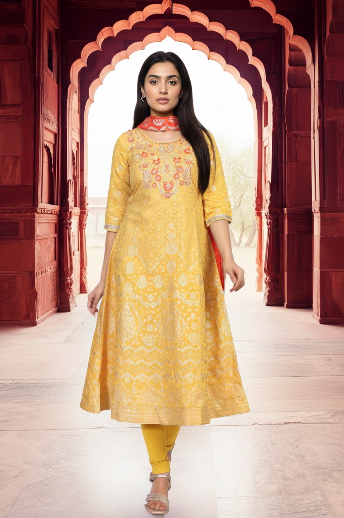 Aurelia ladies Western Kurti 3-piece set featuring a stylish kurti, dupatta, and churidar in vibrant colors and elegant design.