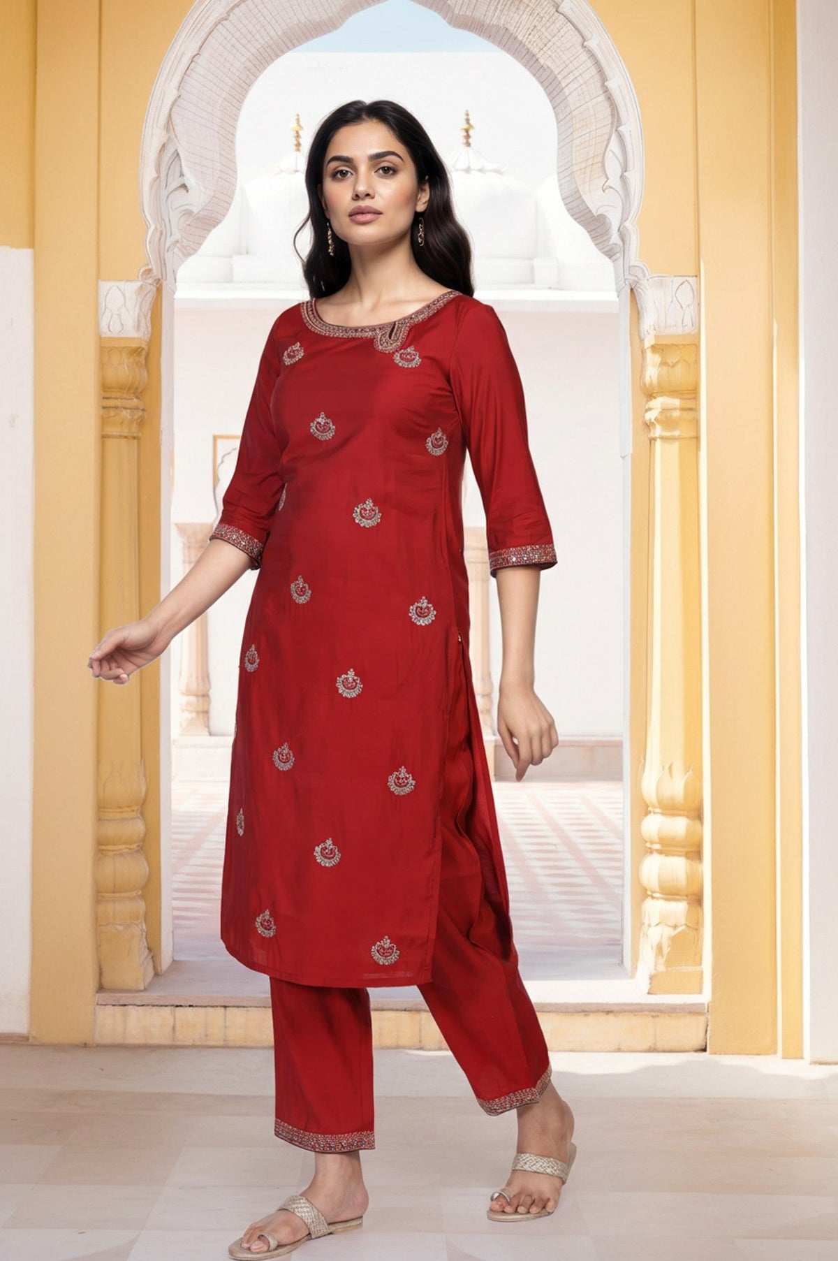 Aurelia ladies Western kurti 3-piece set with colorful patterns and traditional design, displayed on a hanger.