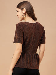 Gipsy Women Copper Solid Polyester Bishop Sleeve Round Neck Blouse