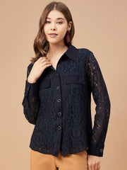 Gipsy Women Navy Solid Net Fabric Bishop Sleeve Crew Neck Shirt