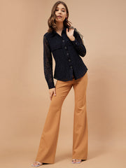 Gipsy Women Navy Solid Net Fabric Bishop Sleeve Crew Neck Shirt