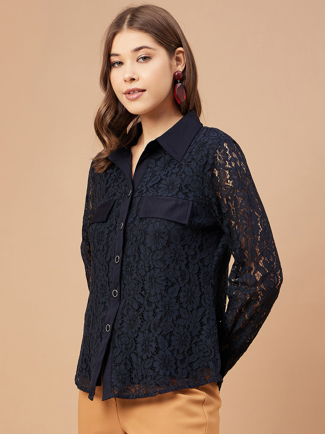 Gipsy Women Navy Solid Net Fabric Bishop Sleeve Crew Neck Shirt