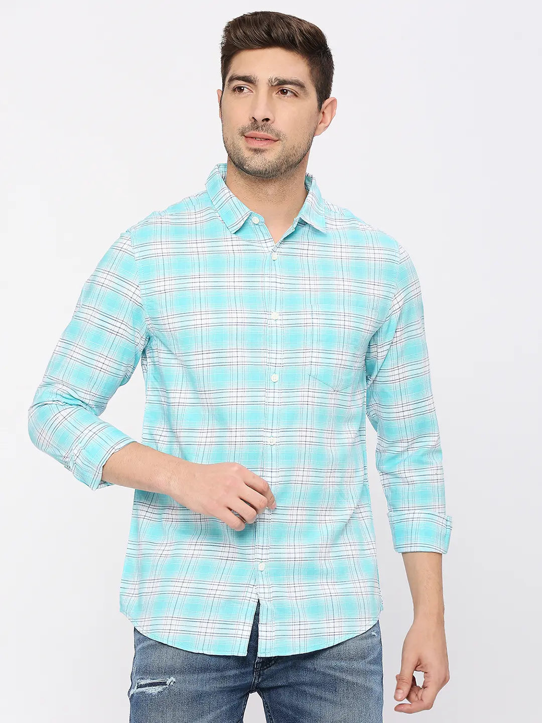 Spykar Mens Casual Shirt F/S Mshcs1Bc152 Bleached Aqua