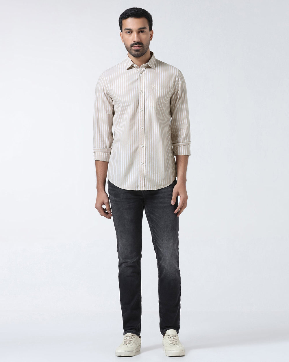 Beige stripe men's casual shirt by Blackberry, Hamber brand, featuring a classic pattern and collar, shown on a hanger.