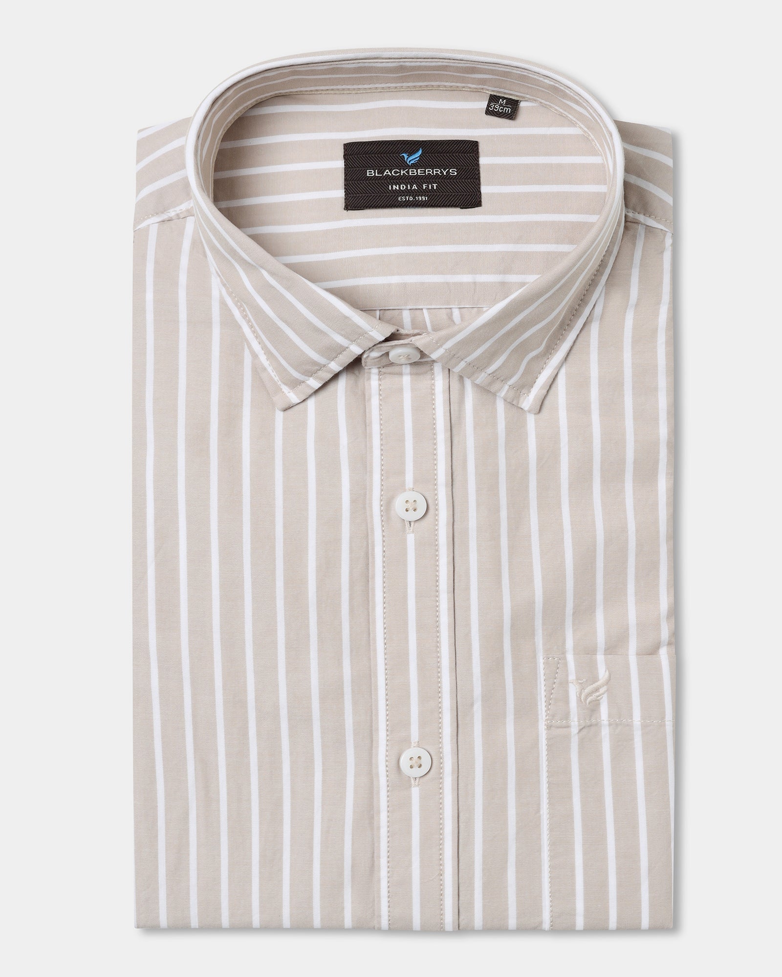 Blackberry beige stripe casual men's shirt from Hamber with a classic collar and button-up front, featuring subtle horizontal stripes.