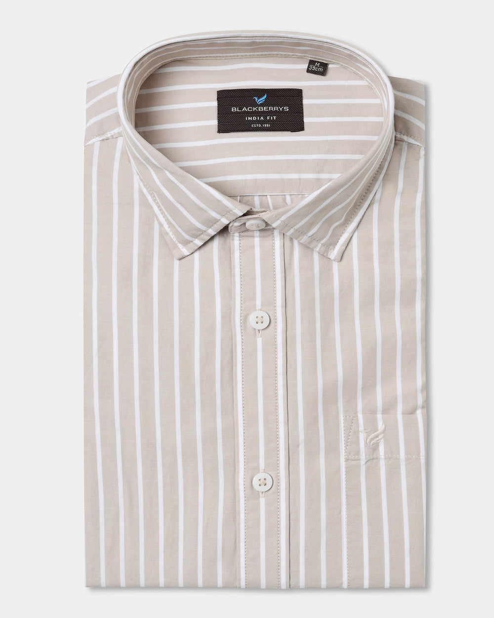 Blackberry beige stripe casual men's shirt from Hamber with a classic collar and button-up front, featuring subtle horizontal stripes.