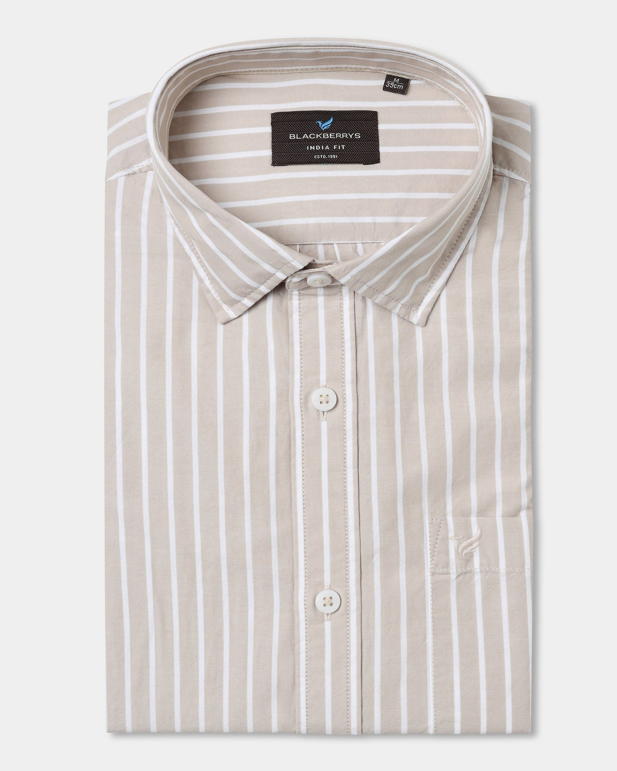 Blackberry beige stripe casual men's shirt from Hamber with a classic collar and button-up front, featuring subtle horizontal stripes.