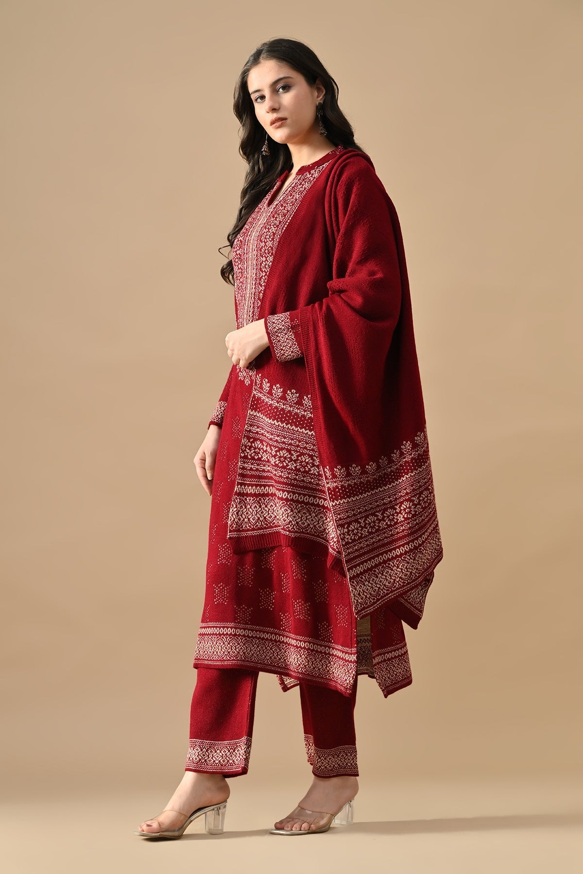 Winter Red Beads Embroidery Ethnic Motifs Woven Kurta Set