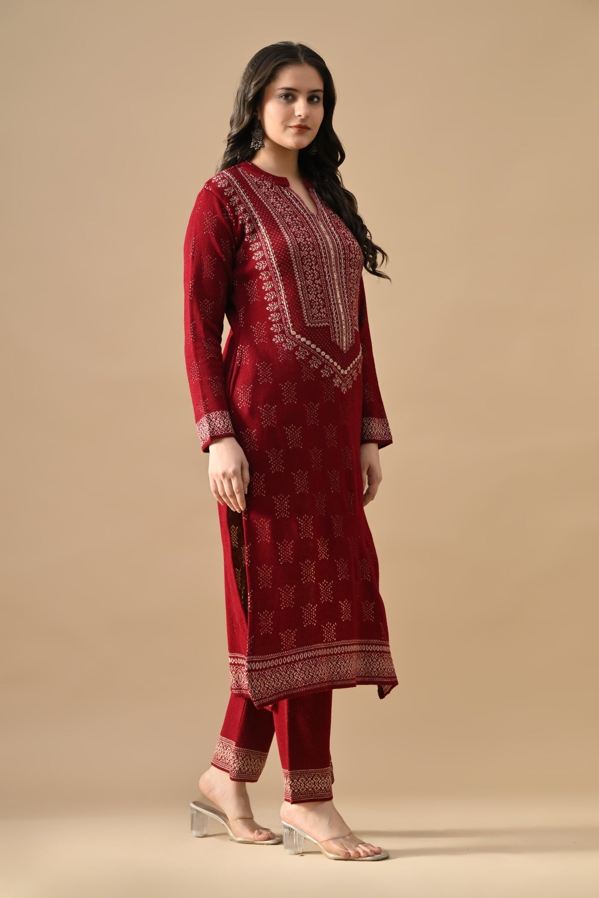 Winter Red Beads Embroidery Ethnic Motifs Woven Kurta Set