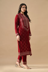 Winter Red Beads Embroidery Ethnic Motifs Woven Kurta Set