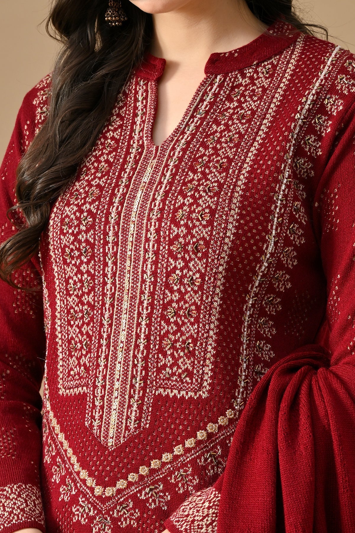 Winter Red Beads Embroidery Ethnic Motifs Woven Kurta Set