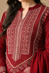 Winter Red Beads Embroidery Ethnic Motifs Woven Kurta Set