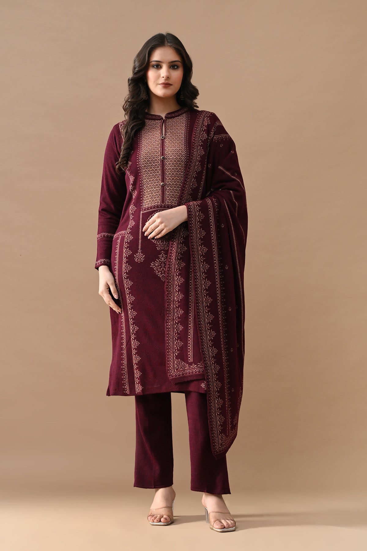 Winter Maroon Self Design Woven Kurta Set