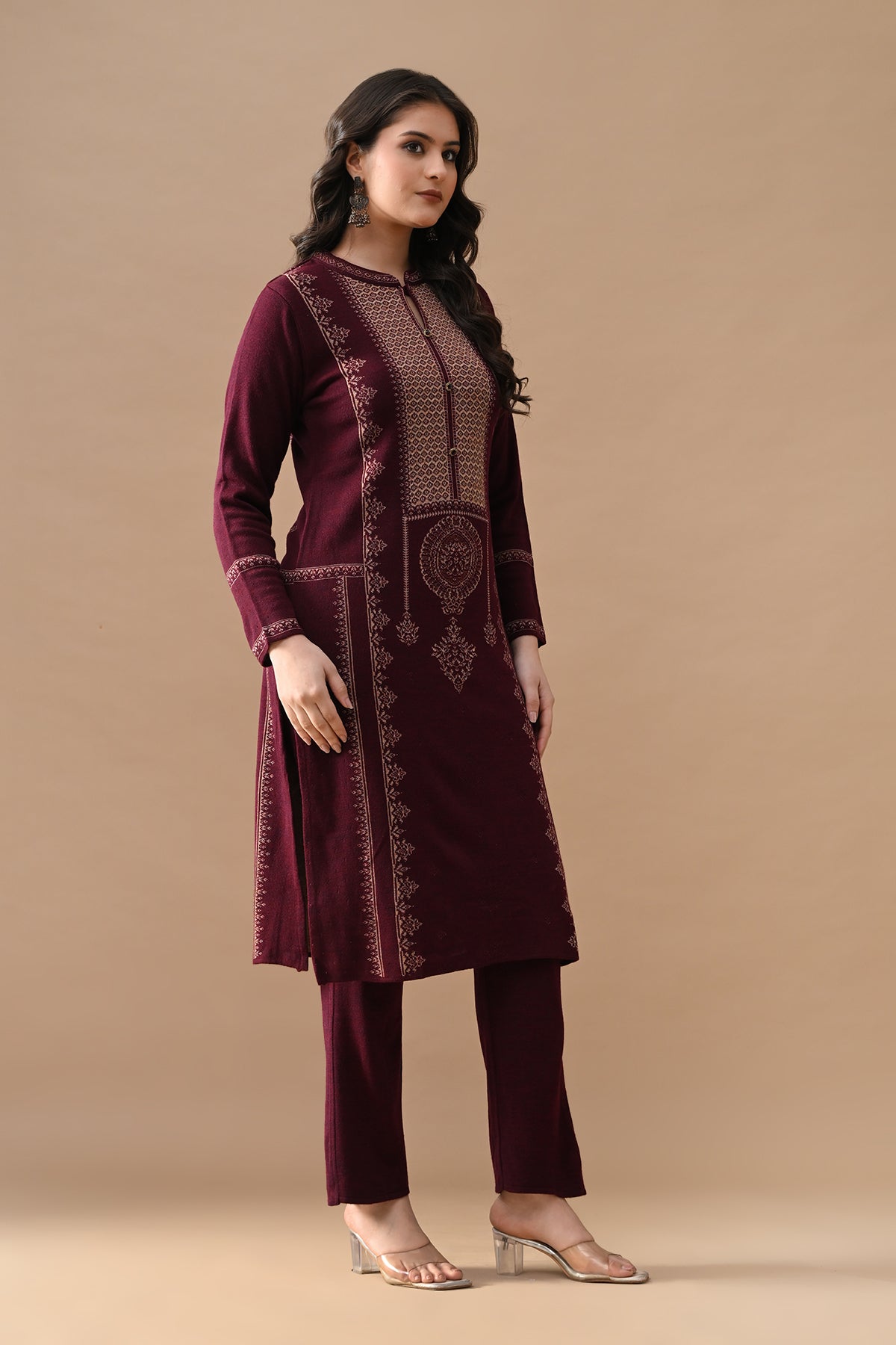 Winter Maroon Self Design Woven Kurta Set