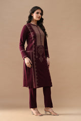 Winter Maroon Self Design Woven Kurta Set