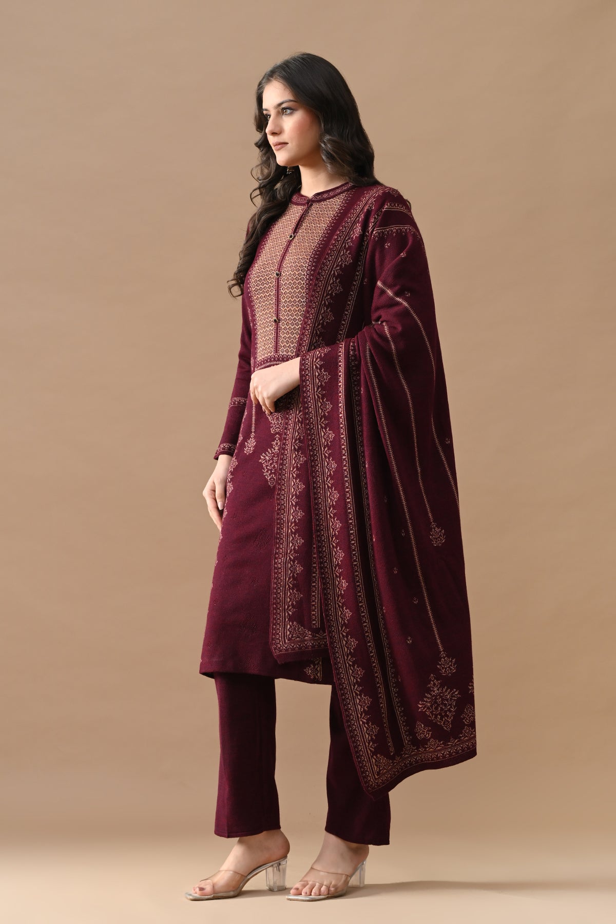 Winter Maroon Self Design Woven Kurta Set