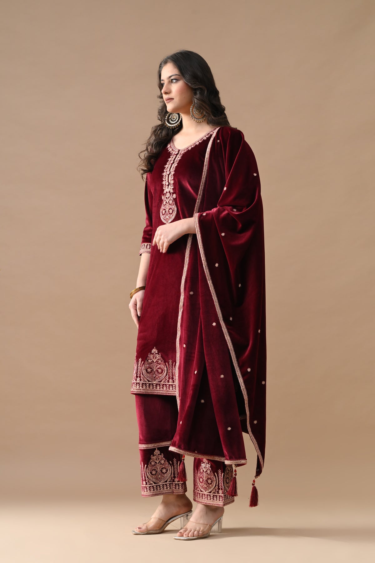 Maroon Embroidered Velvet Kurta Set